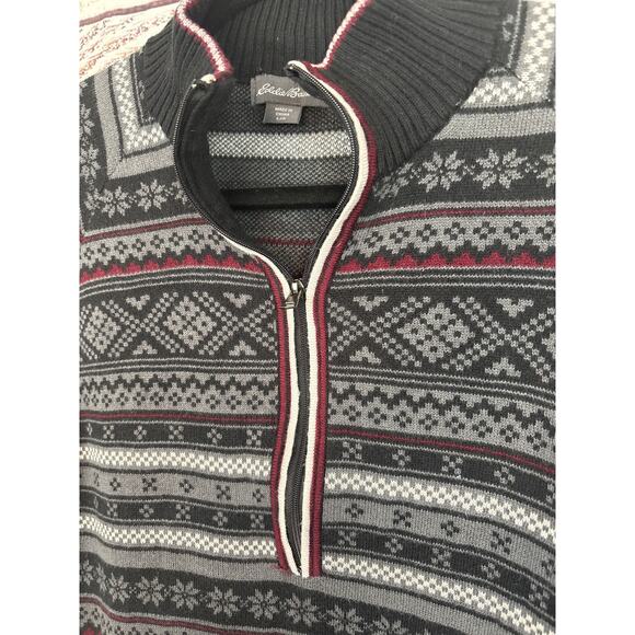 Mens Eddie Bauer Black Gray Mock Neck 1/4 Zip Fair Isle Sweater Nordic Print L - Picture 2 of 6